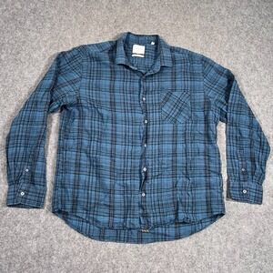 Billy Reid Blue‎ Plaid Linen Standard Fit Button Down Shirt Men's Size XL